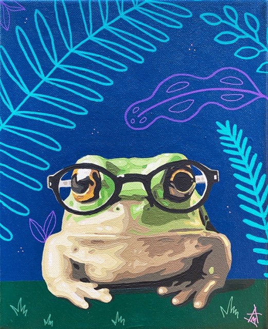Frosk med briller. Barnlig bakgrunn med tegninger av planter.